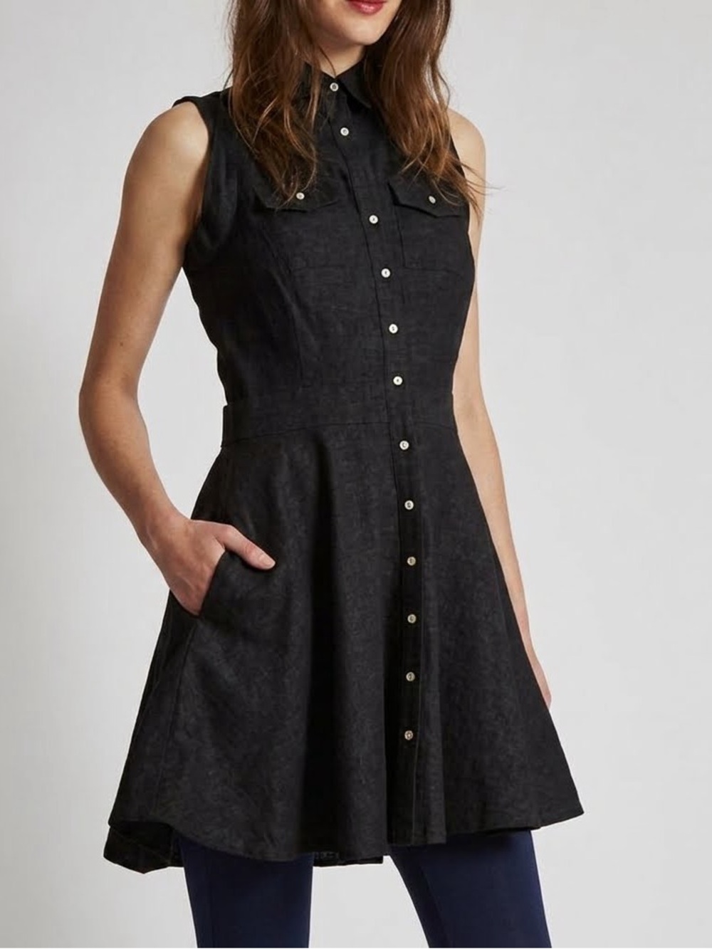 NWOT Vaute Couture | Organic Linen/Cotton Sleeveless Full Button Down Dress, S